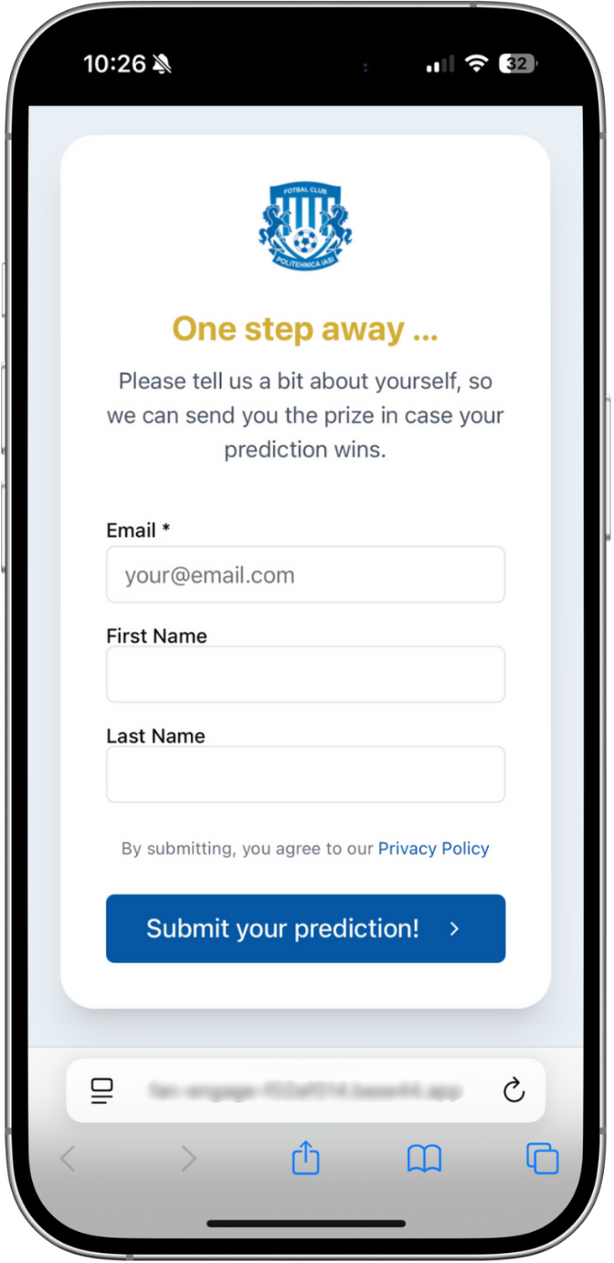 Mobile screen showing a form with the FC Politehnica Iasi logo, asking for email, first name, and last name to submit a prediction entry with a blue submit button.