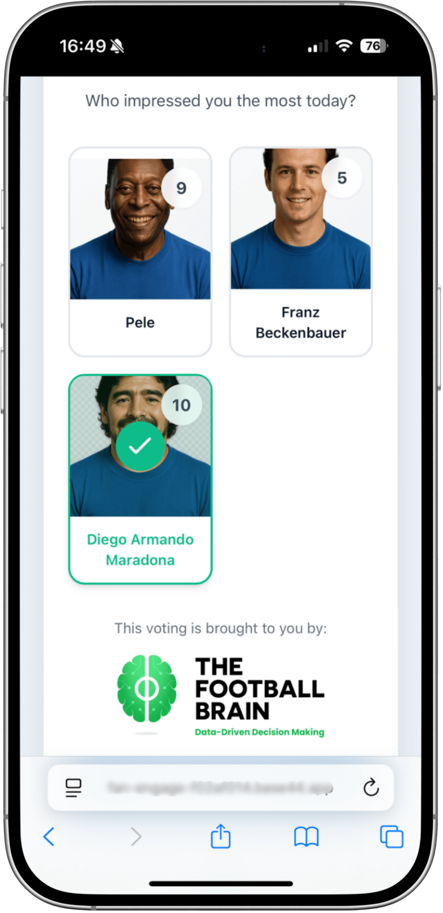 Mobile voting screen showing three football players—Pele, Franz Beckenbauer, and Diego Armando Maradona—with Maradona selected as the top impression today.
