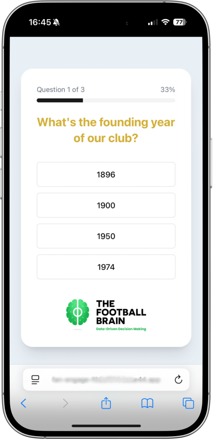 Mobile quiz screen showing question about the founding year of a club with answer options 1896, 1900, 1950, and 1974, including The Football Brain logo.