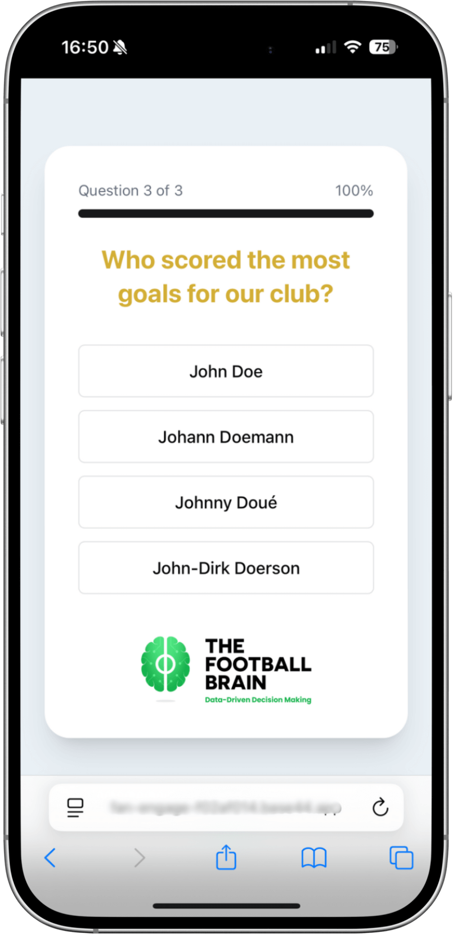 Mobile quiz screen showing question 3 of 3: Who scored the most goals for our club? with four answer options and The Football Brain logo.