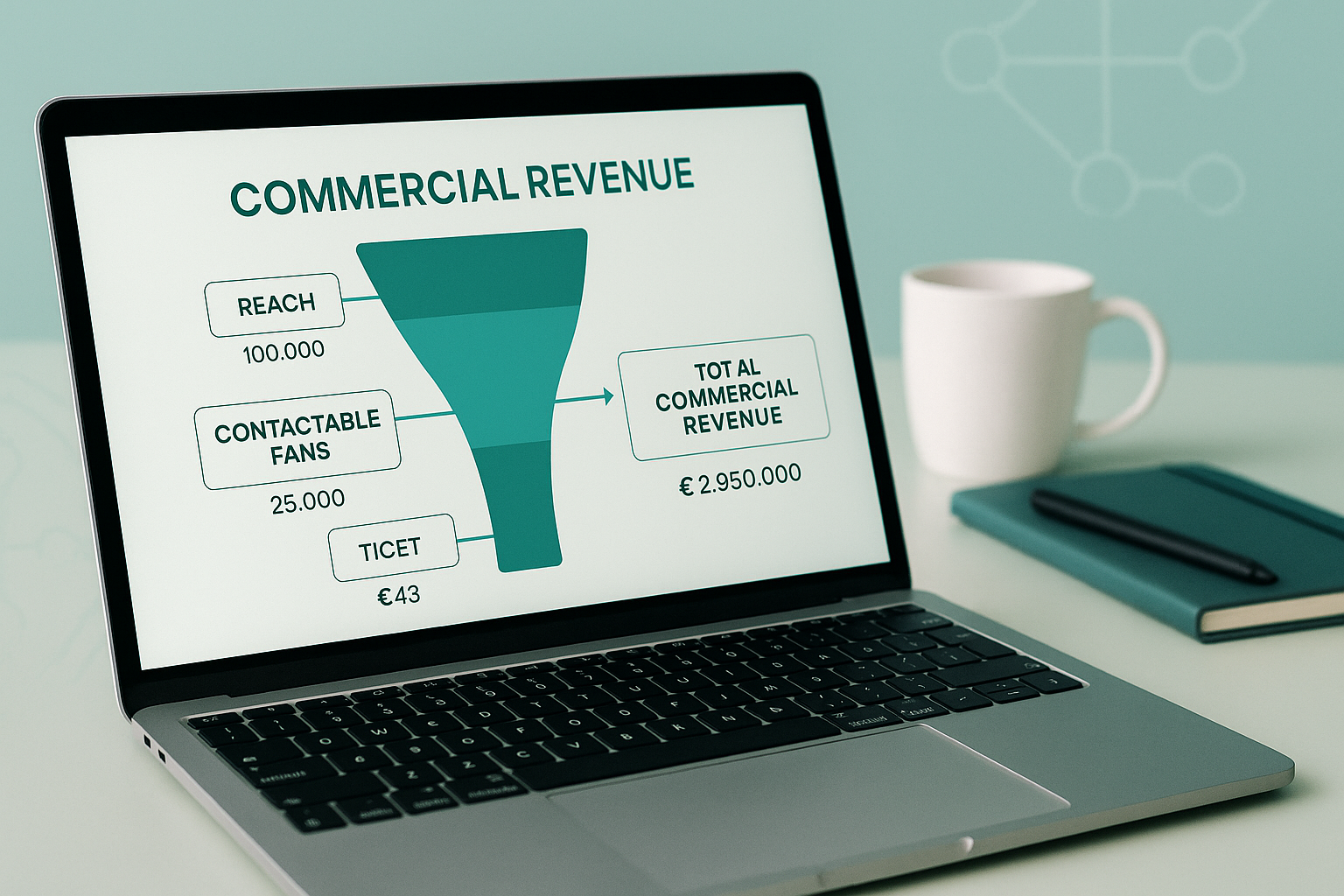 Laptop screen showing a commercial revenue funnel diagram with reach at 100,000, contactable fans at 25,000, ticket price of €43, leading to total commercial revenue of €2,950,000.