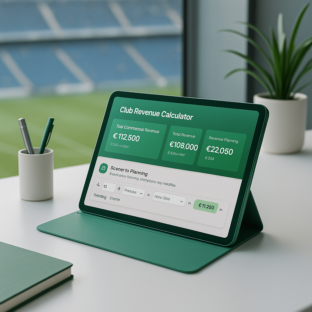 Tablet displaying a Club Revenue Calculator app with financial metrics and planning options on a white desk with a green notebook, pen holder, and potted plant in the background.