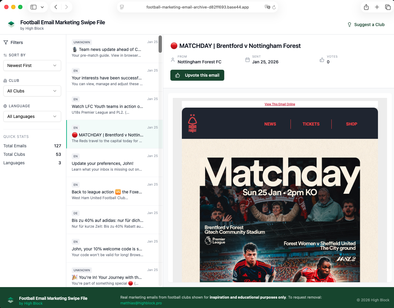 Screenshot of Football Email Marketing Swipe File interface showing an email titled 'MATCHDAY | Brentford v Nottingham Forest' from Nottingham Forest FC dated Jan 25, 2026, featuring a matchday promotional image with fans and players.