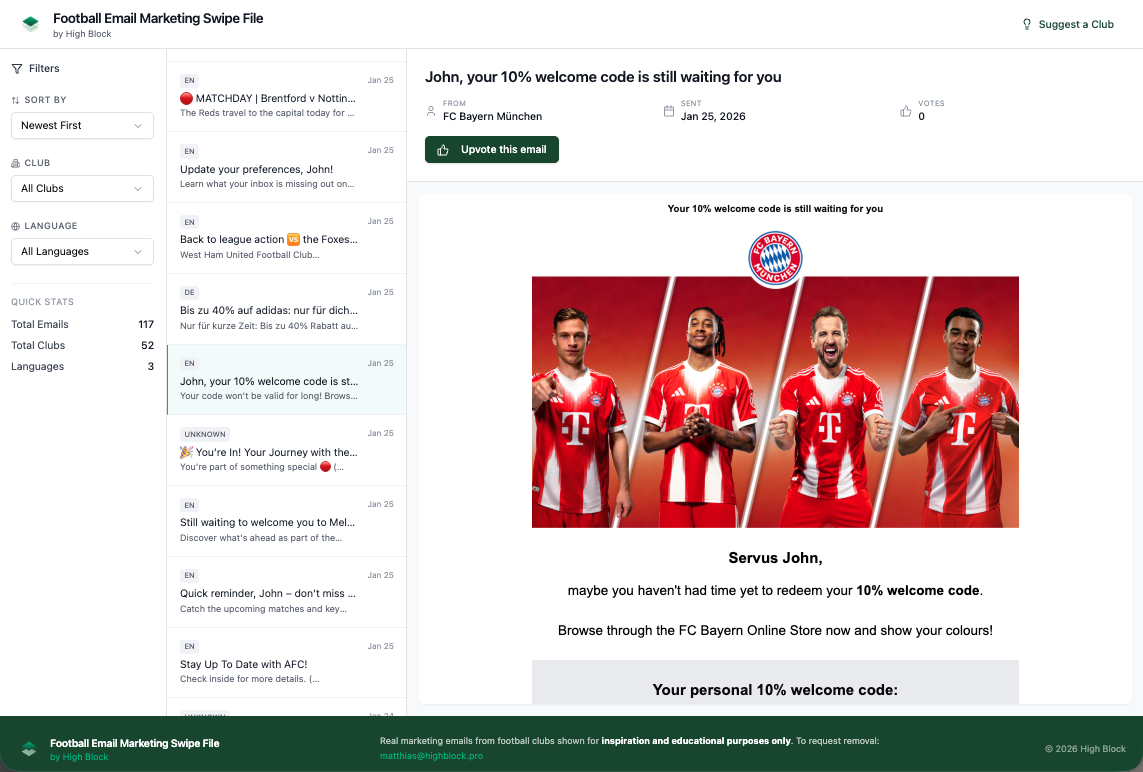 Football email marketing interface showing a 10% welcome code offer from FC Bayern München with four players in red and white jerseys.
