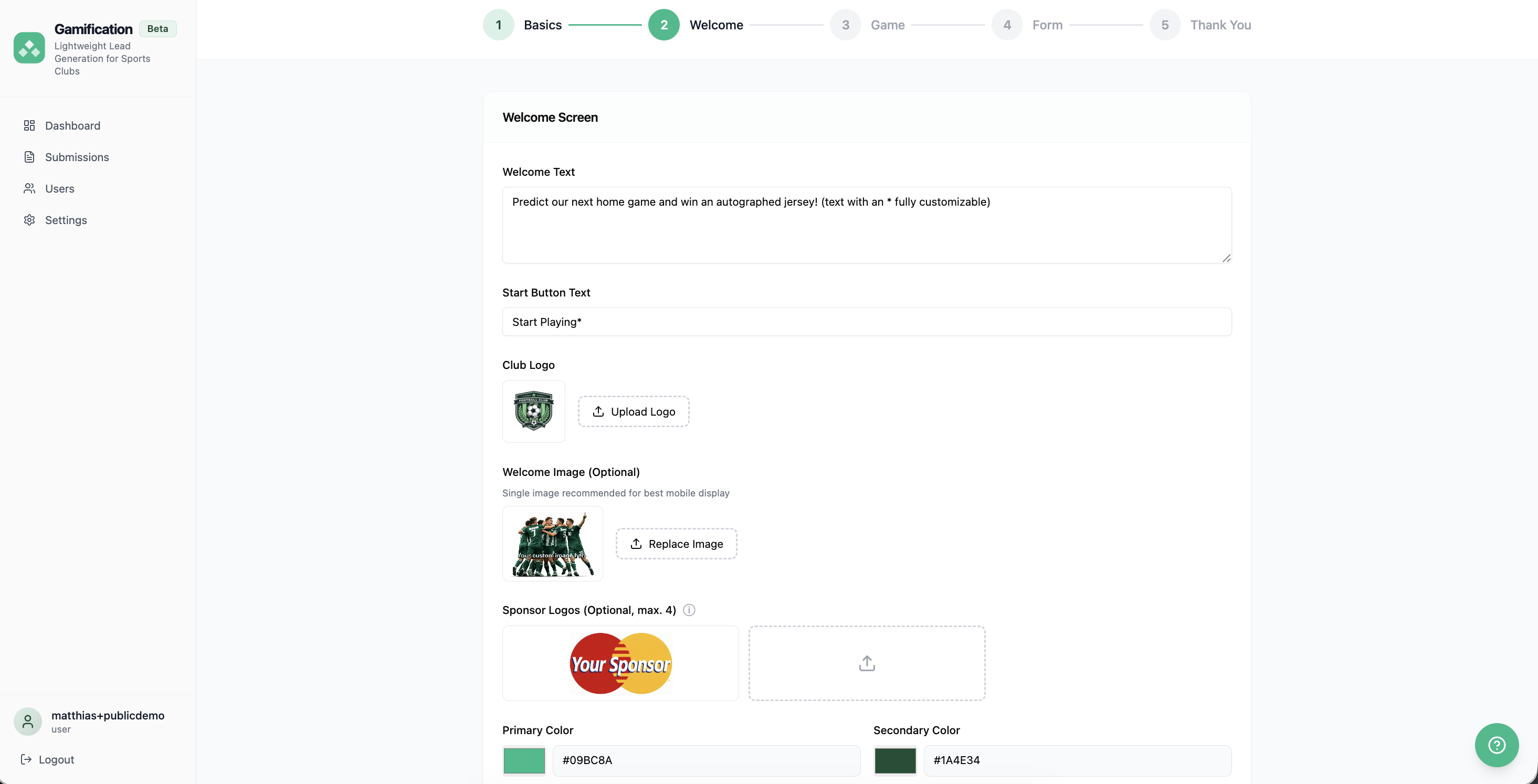Gamification app interface screen showing customization options for welcome text, start button, club logo, welcome image, sponsor logos, and color settings.