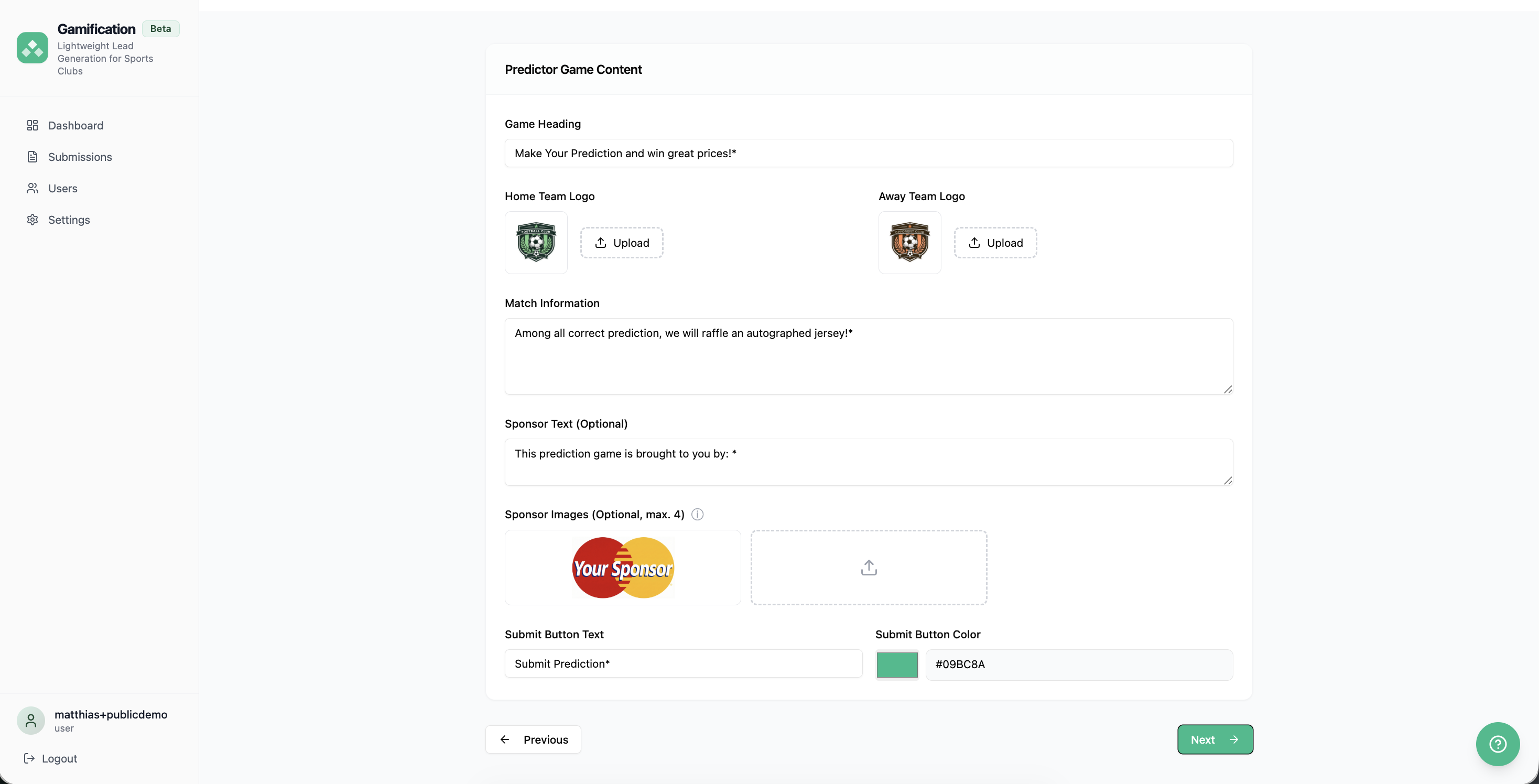 Gamification app interface showing Predictor Game Content setup with fields for game heading, home and away team logos, match information, optional sponsor text and images, and submit button customization.