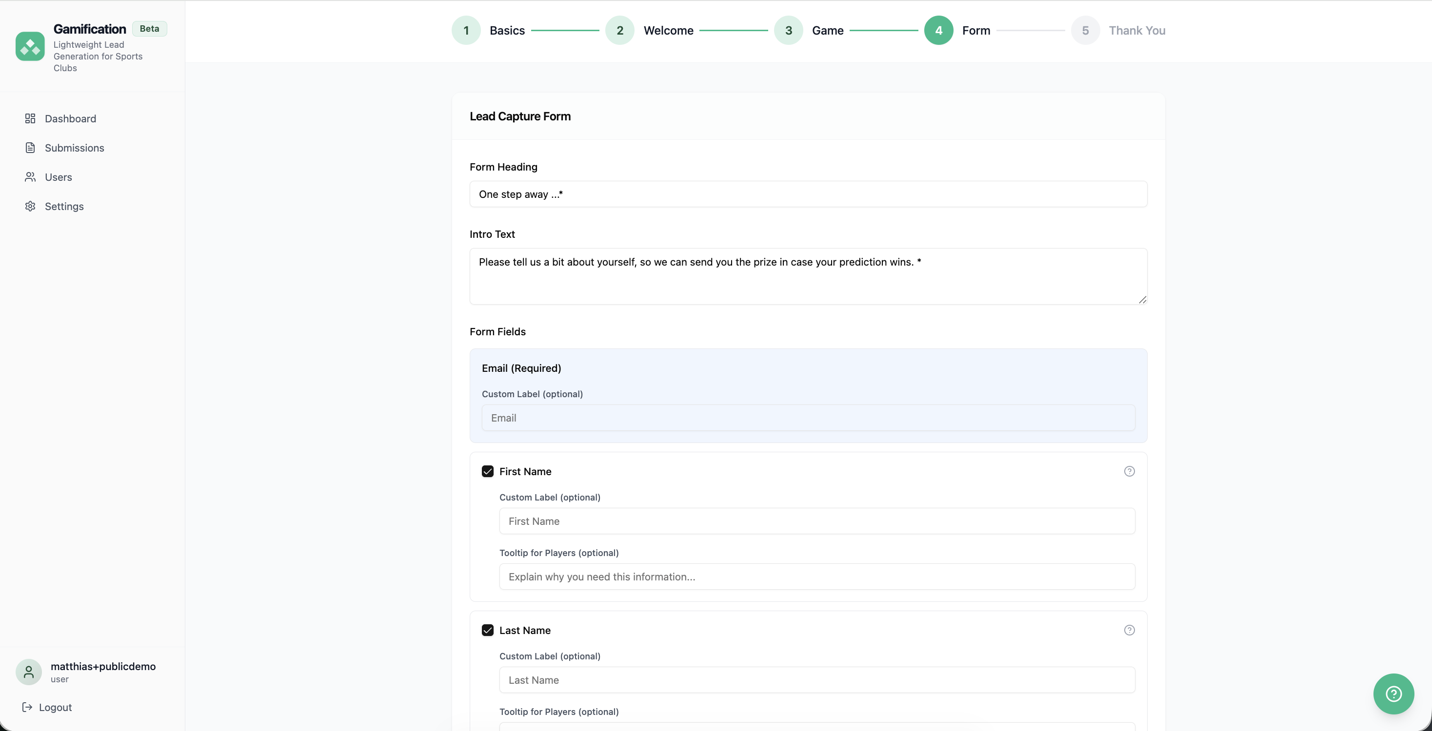 Gamification app interface showing step 4: a lead capture form with fields for email, first name, and last name, including input boxes and optional tooltips.