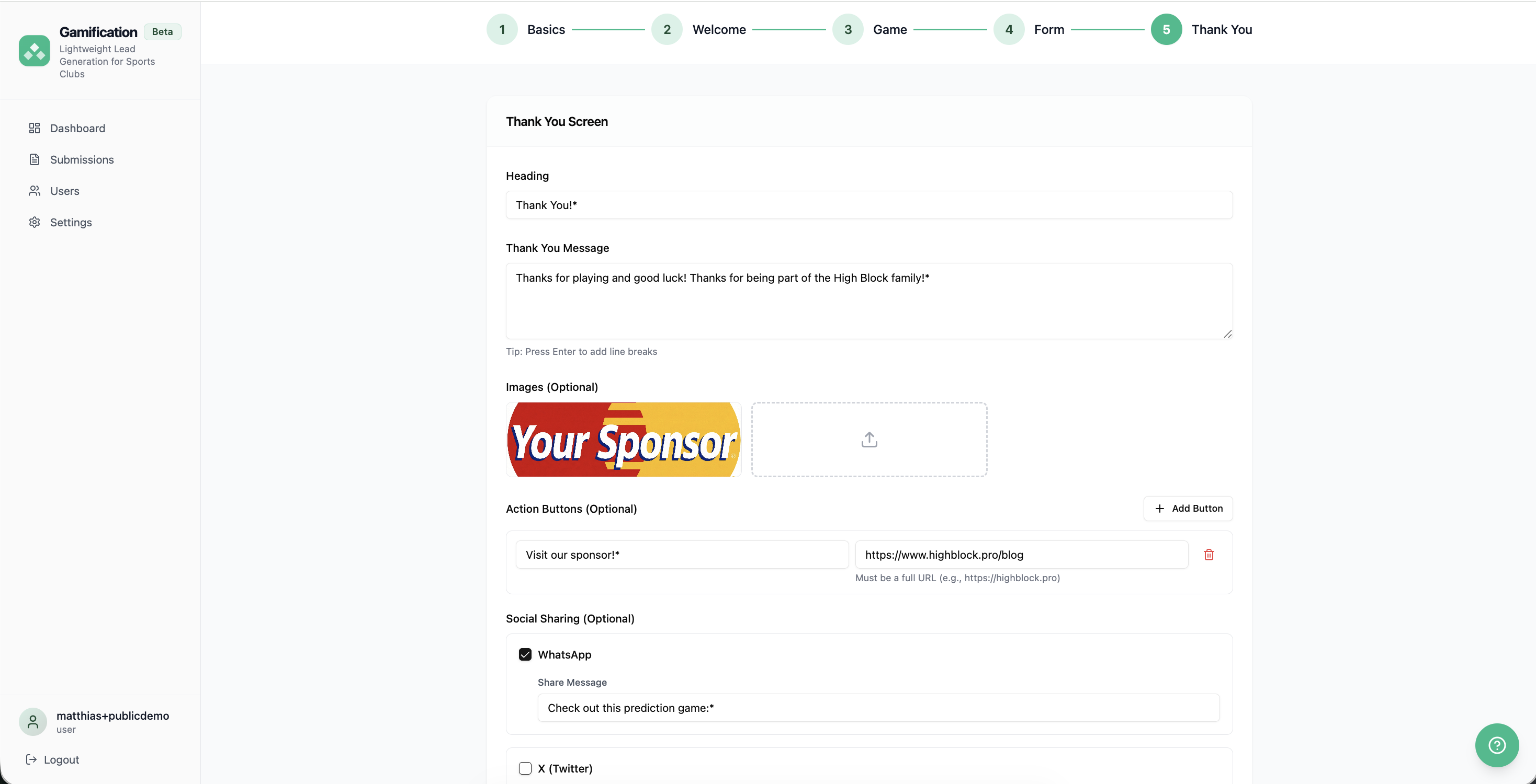 Screenshot of a gamification app's 'Thank You' screen setup with message, sponsor image, action button, and social sharing options.