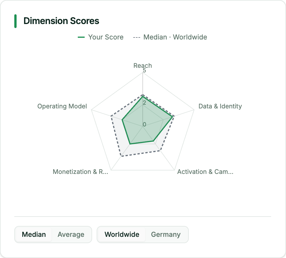 Potential Analysis radar chart comparing five dimension scores with worldwide median benchmarks