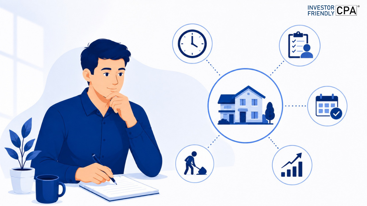 Man working at desk with laptop, house behind, clock, hourglass, clipboard, and icons symbolizing tasks and time.