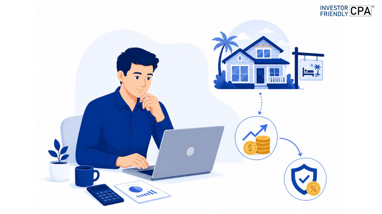 Businessman with house, city skyline, and icons of handshake, profile, chart, key, legal scales, and briefcase.