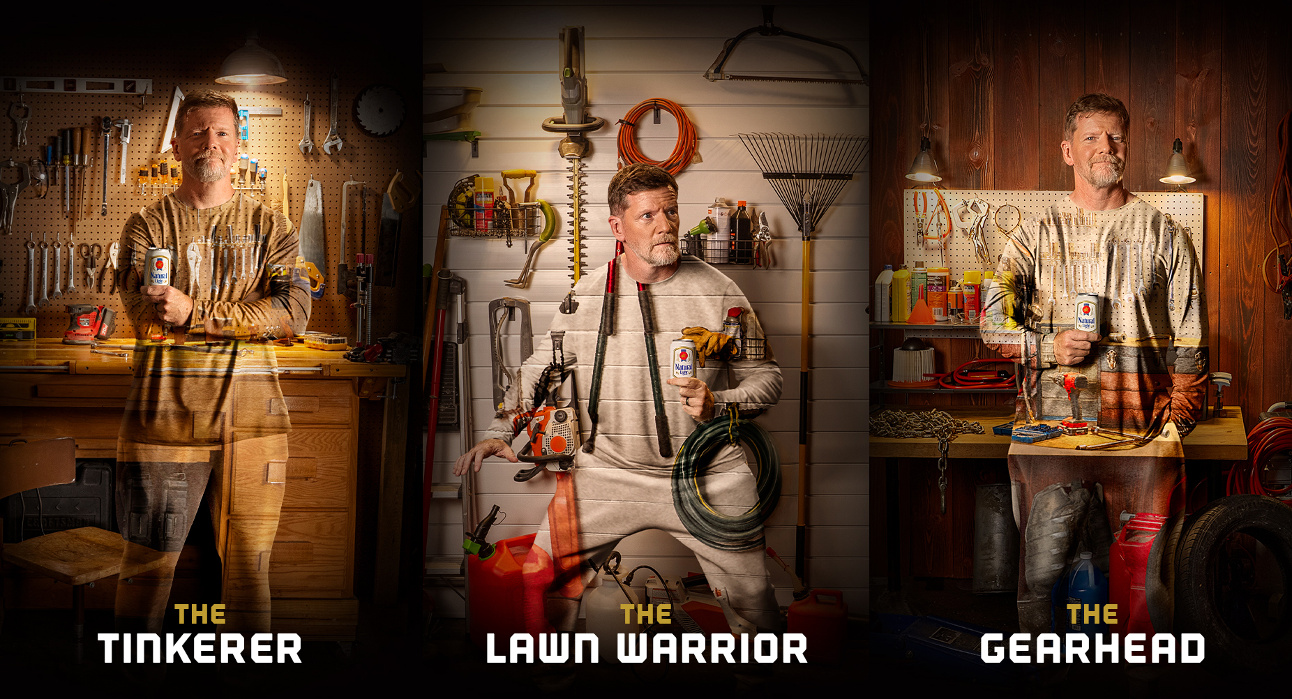 The Natural Light TreadMower, featuring a blue lawnmower positioned on a treadmill track with a grass-covered surface inside a home garage workshop.