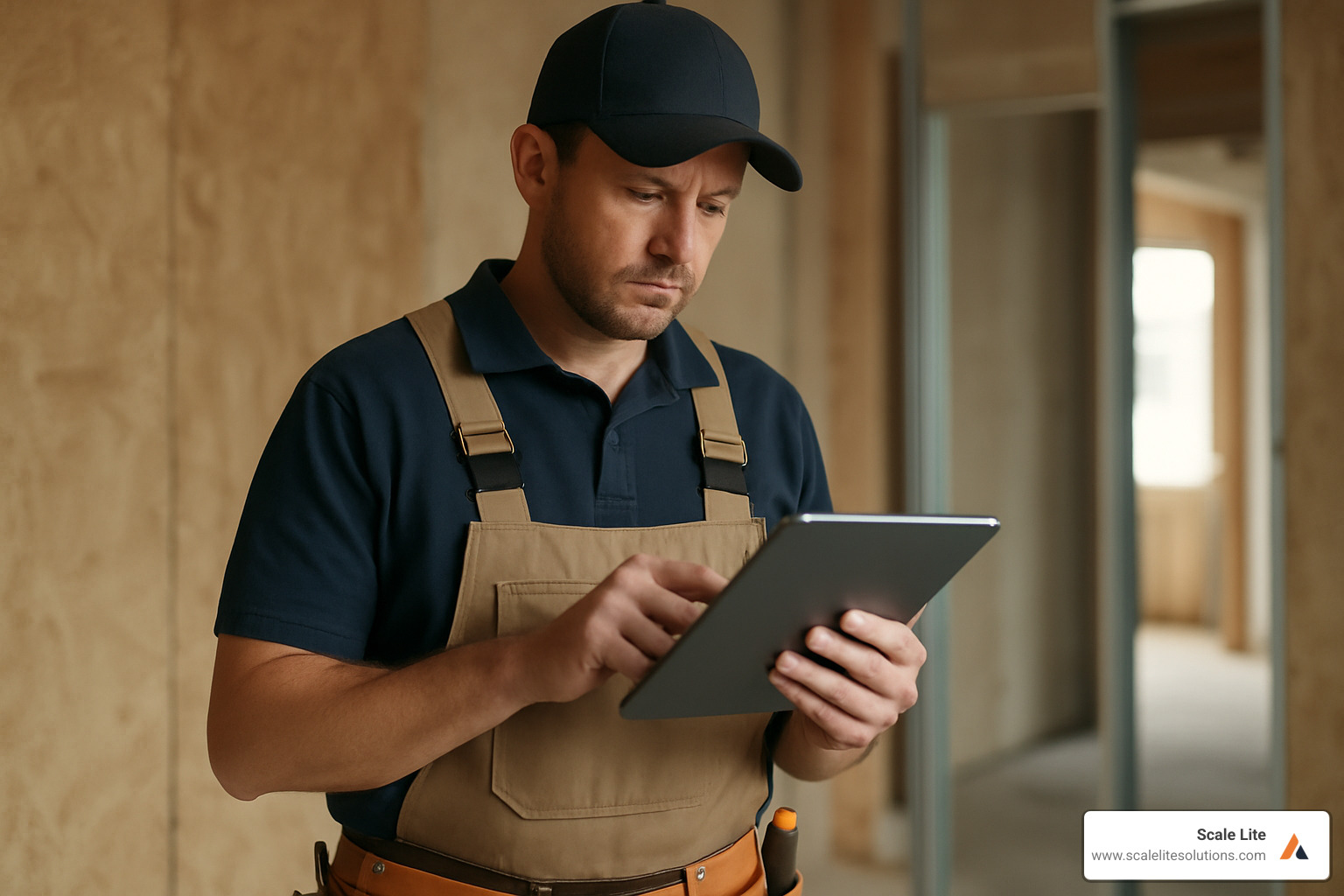tradesperson using a tablet on-site for scheduling and invoicing - improve business operations