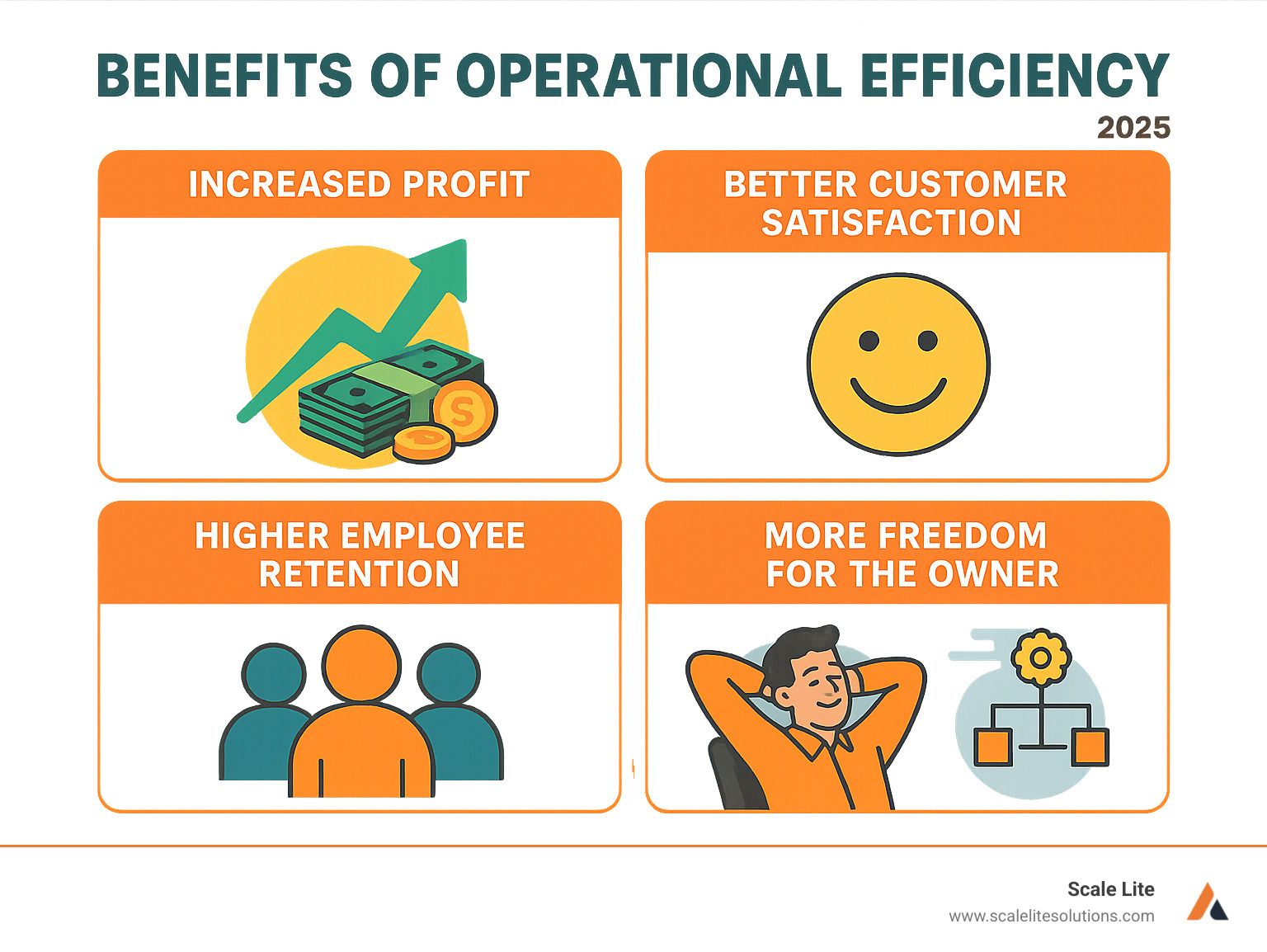 Infographic showing four key benefits of operational efficiency: Increased Profit (money growing upward), Better Customer Satisfaction (happy customer icon), Higher Employee Retention (team of people), and More Freedom for the Owner (business owner relaxing while systems work) - improve business operations infographic 