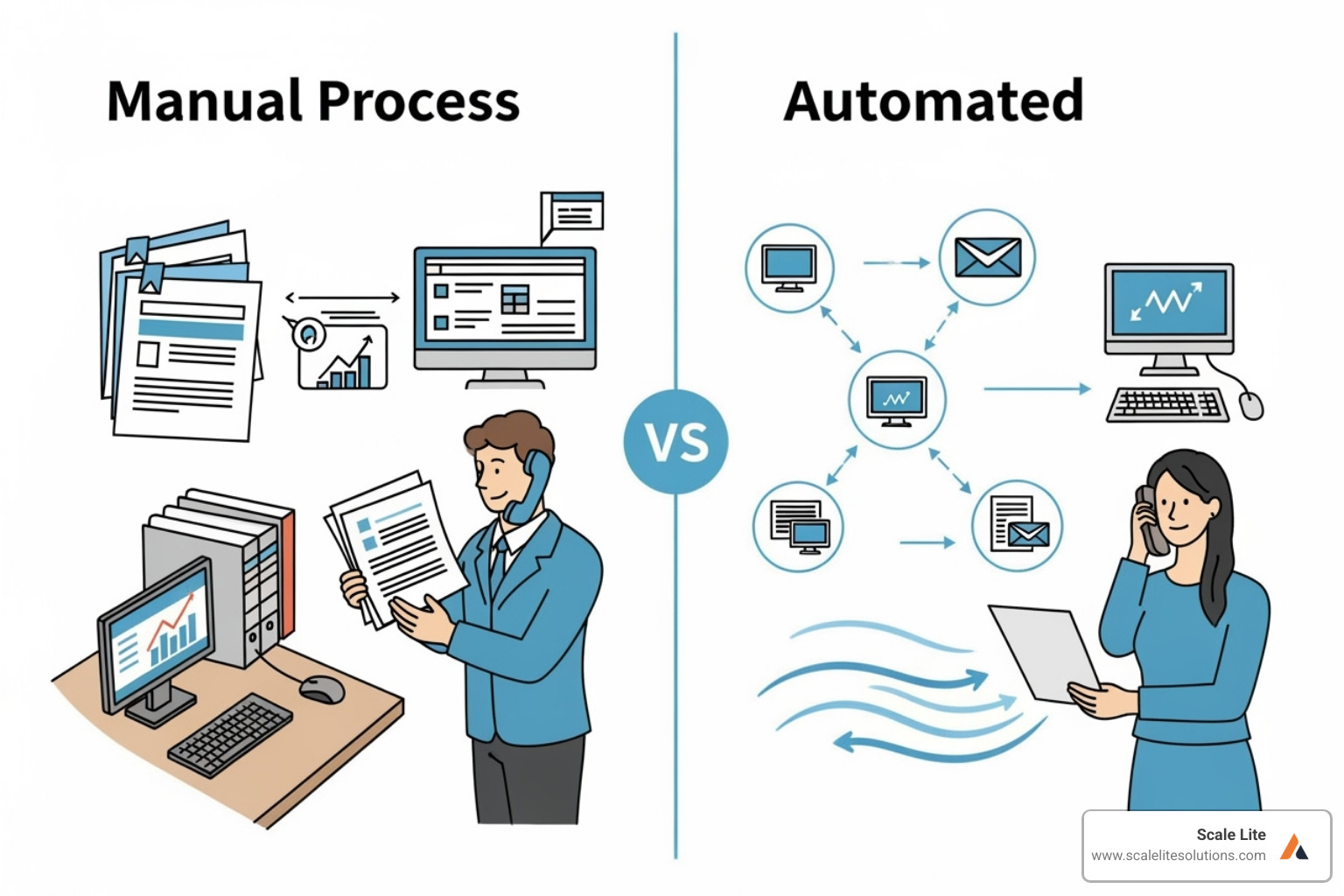 flowchart showing a manual workflow vs. an automated workflow for a service business (e.g., booking to invoicing) - How to drive business growth?