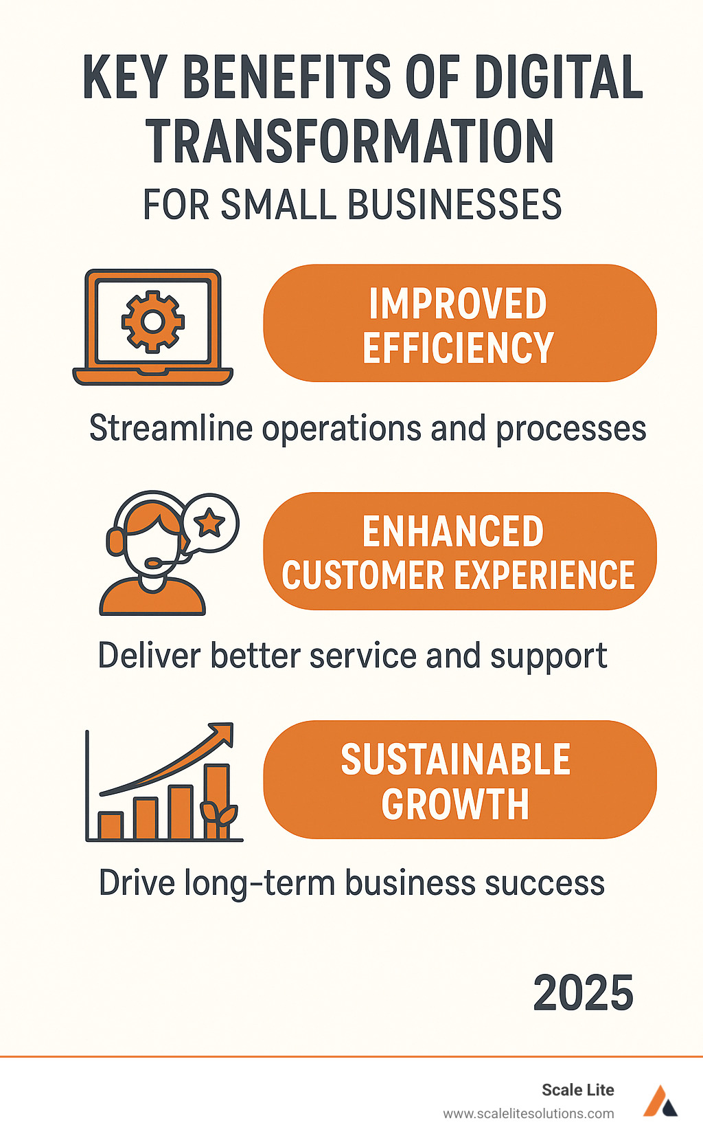 Infographic showing key benefits of digital change for small businesses: Improved Efficiency, Improved Customer Experience, and Sustainable Growth. - digital change strategies for small businesses infographic 