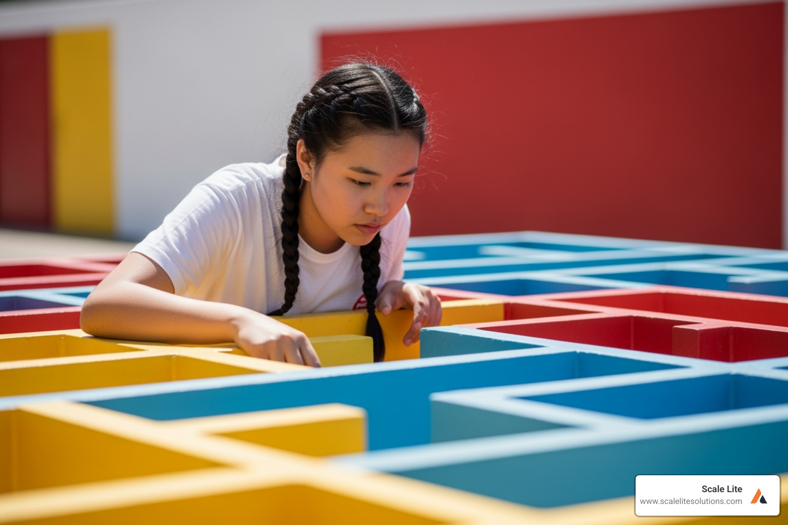 A person navigating a simple maze, representing overcoming challenges. - digital change strategies for small businesses