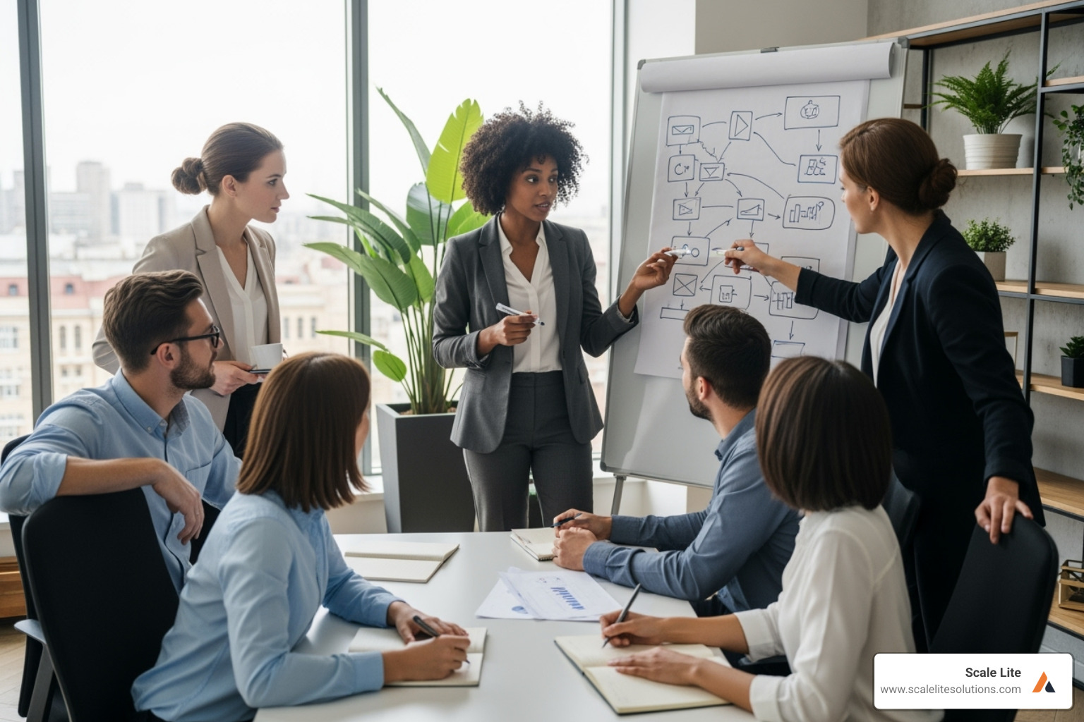 A team collaborating around a whiteboard with a step-by-step plan - Business growth strategy