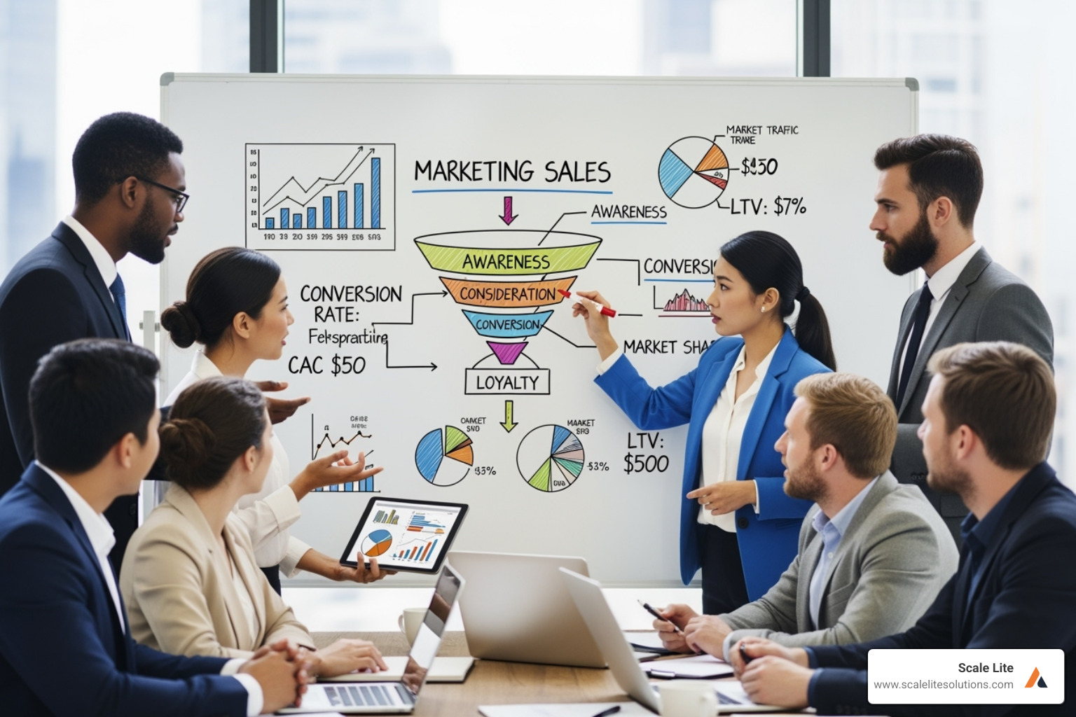 A team collaborating around a whiteboard with a funnel diagram and metrics - marketing for business growth