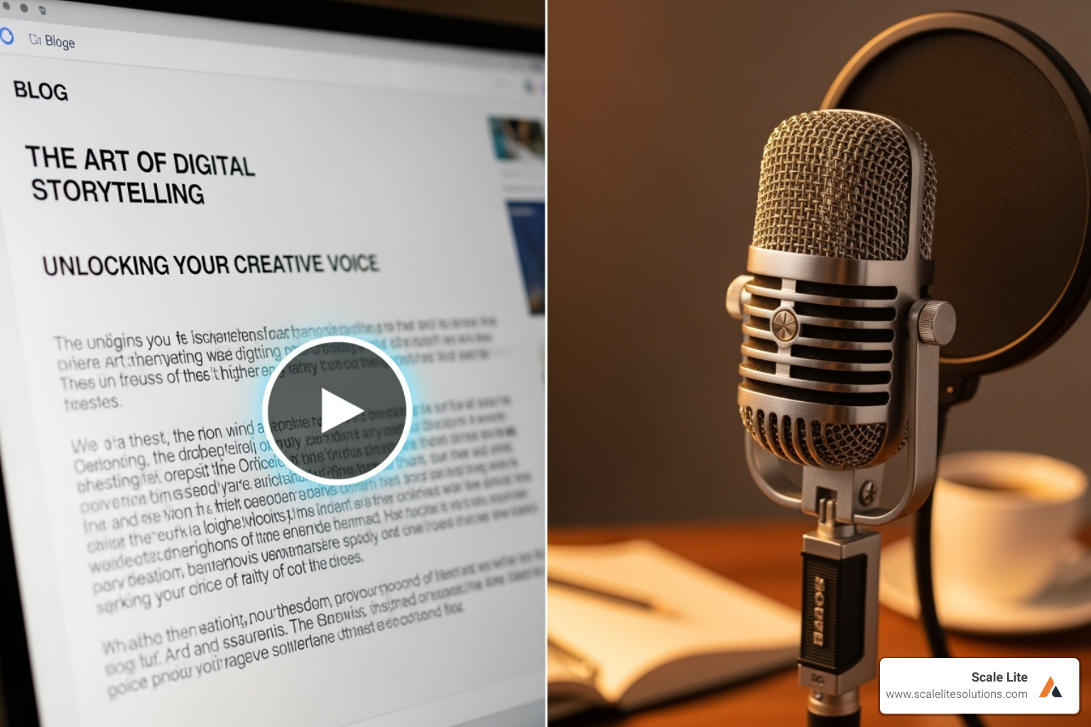 A collage representing different content types: a blog post snippet, a video play button, and a podcast microphone - marketing for business growth
