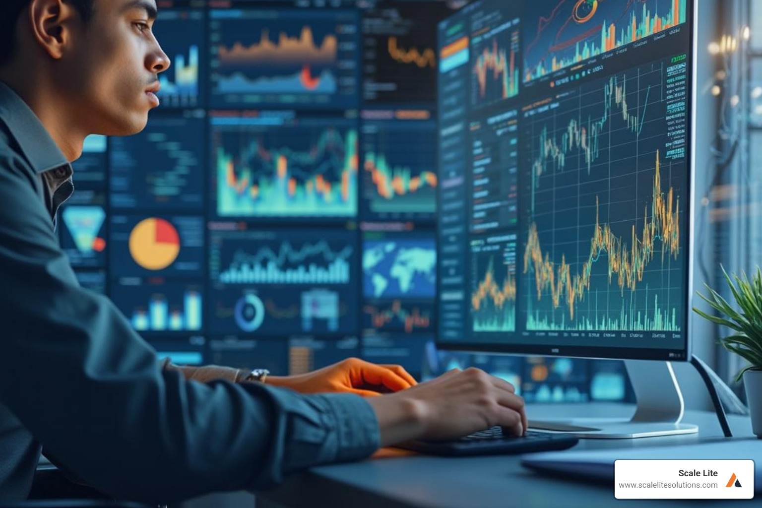 A business owner analyzing charts and graphs on a computer screen, surrounded by data visualization tools - How to improve business performance?