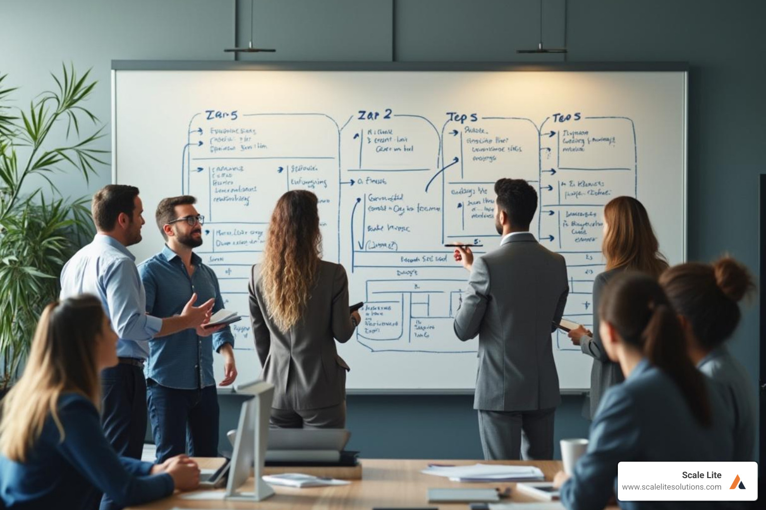 A diverse team collaborating around a whiteboard with a clear plan, showing different steps and arrows connecting them - How to improve business performance?