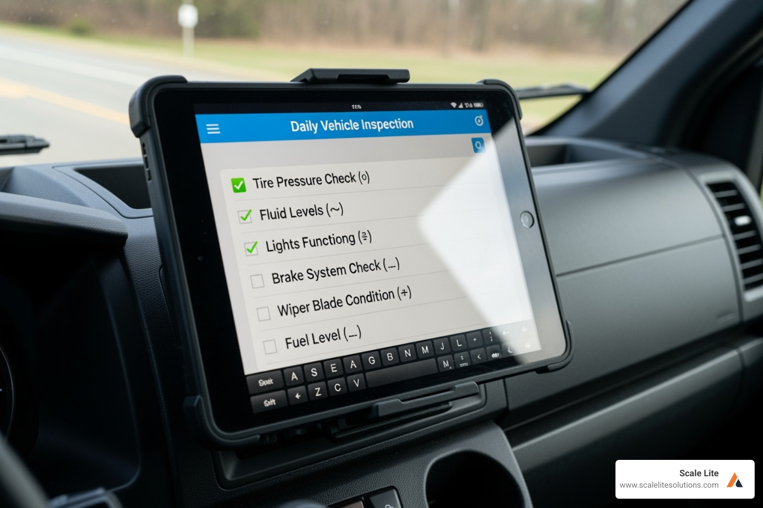 A tablet displaying a digital SOP checklist in a work environment (e.g., on a service van's dashboard) - how to use sops for small business digital change