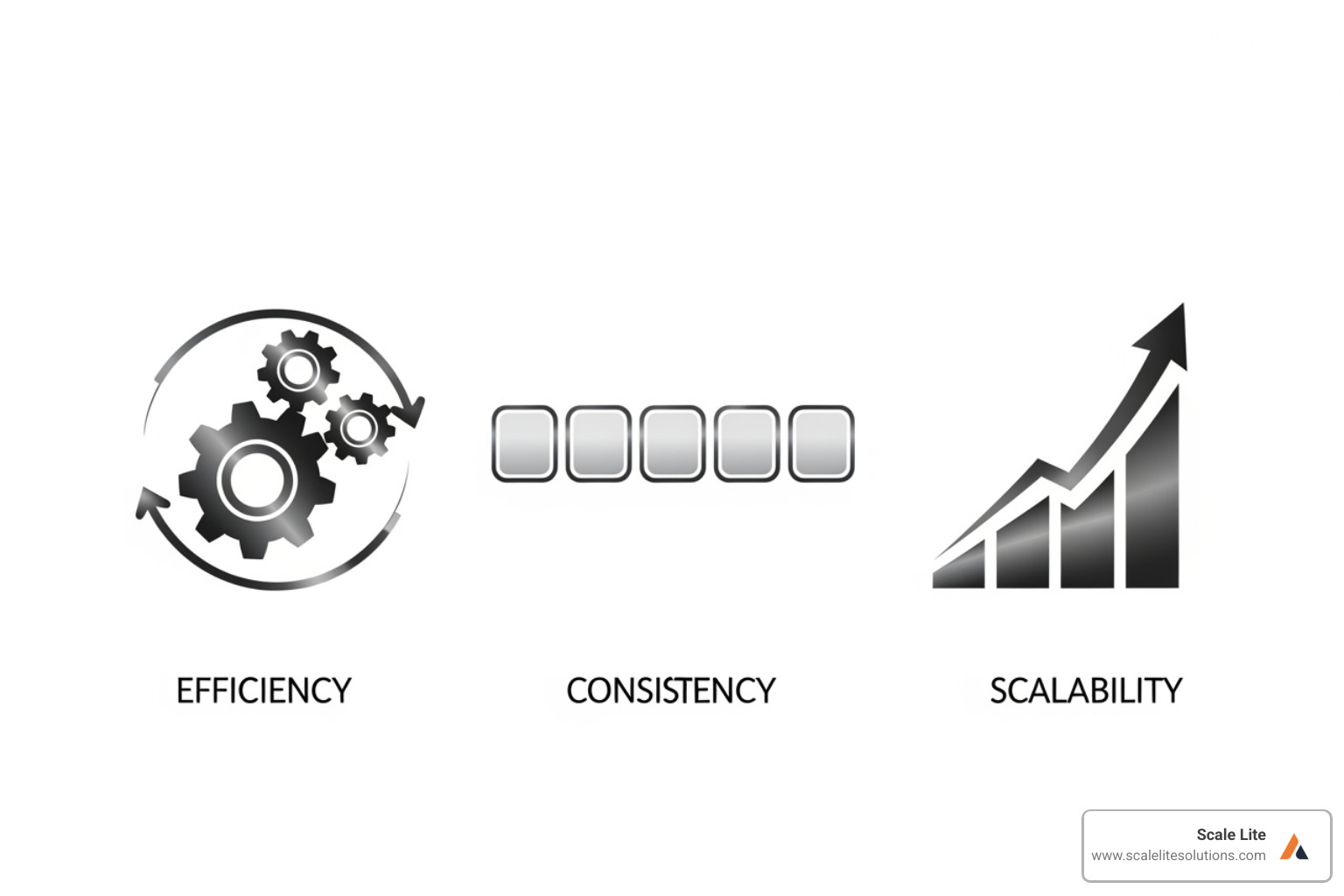 Three icons representing Efficiency (gears), Consistency (repeating pattern), and Scalability (upward arrow) - how to use sops for small business digital change