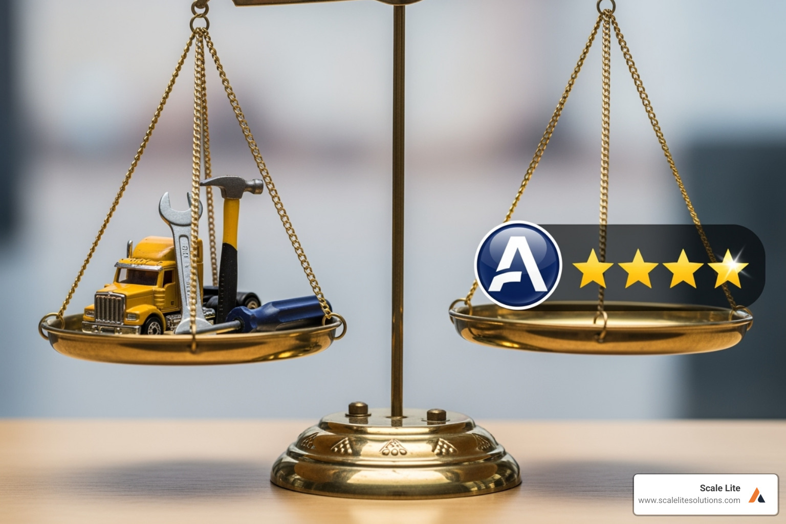Image of a balance scale weighing tangible assets (trucks, tools) against intangible assets (brand logo, 5-star reviews) - Business value improvement