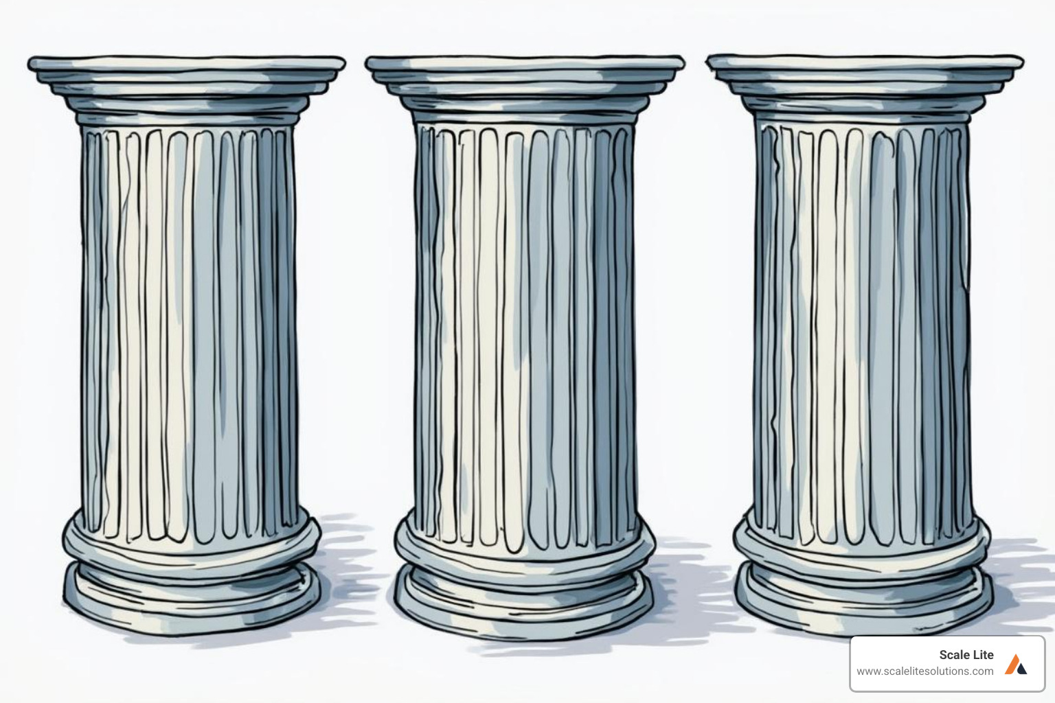 Image of three pillars labeled "Financials," "Operations," and "Customers" - Business value improvement