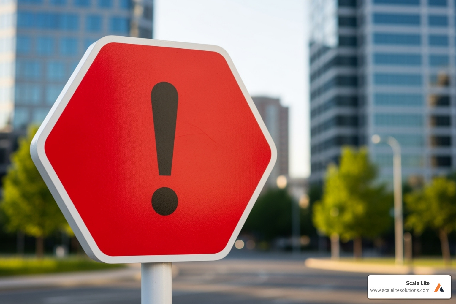 A red hexagonal caution sign with the word "Roadblock" or "Pitfall" written on it, set against a blurred background of a business landscape. - exit plan definition