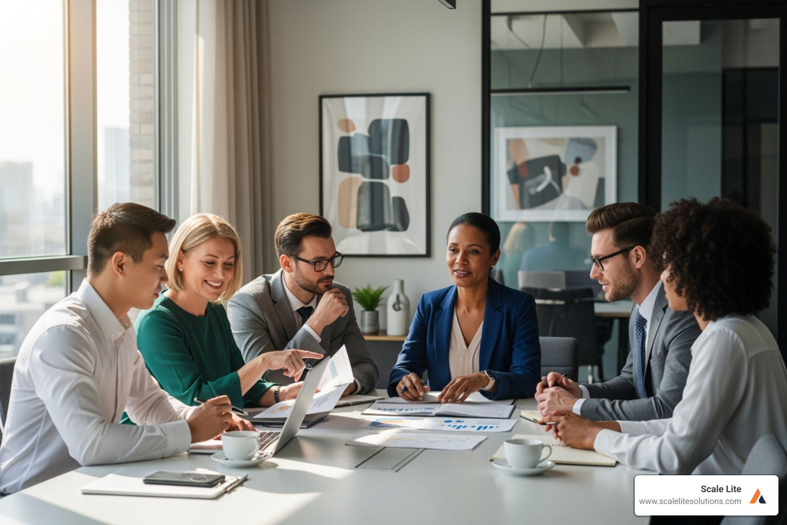A diverse team of advisors (financial consultant, legal counsel, accountant) sitting around a table with a business owner, reviewing documents and discussing strategies. - exit plan definition