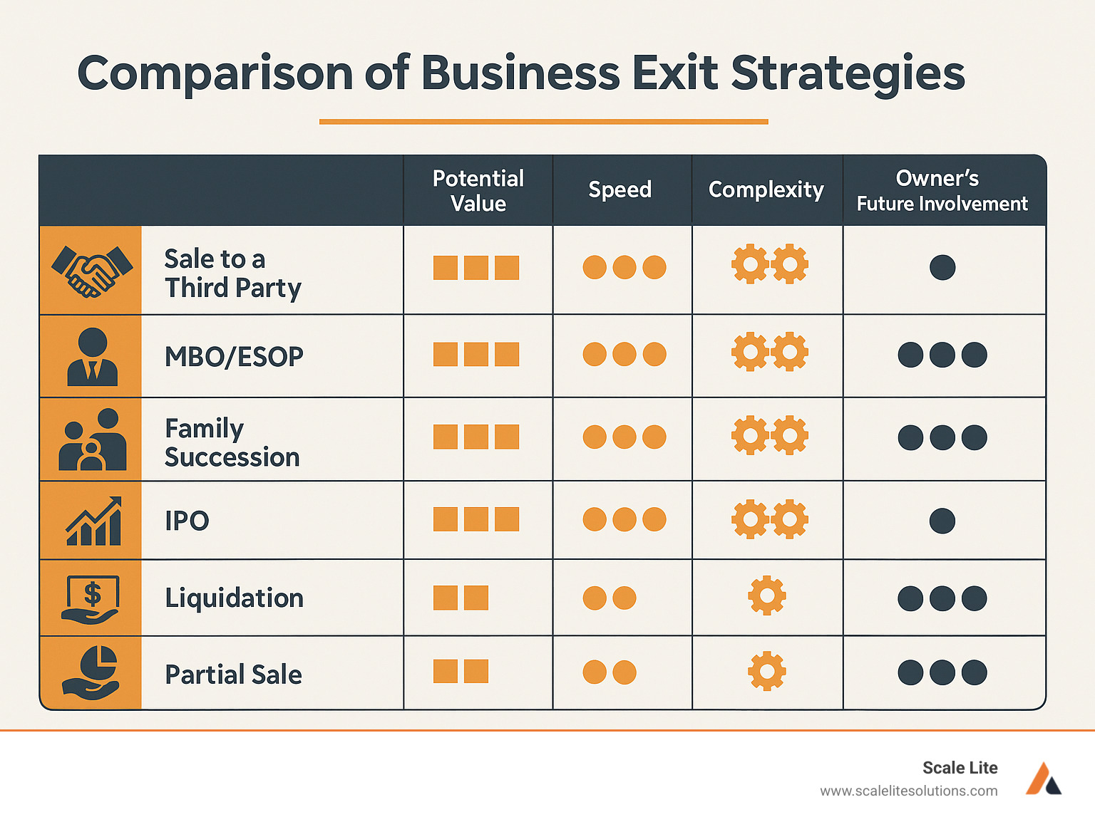 A table comparing 6 common business exit strategies (Sale to a Third Party, MBO/ESOP, Family Succession, IPO, Liquidation, Partial Sale) across key factors like potential value, speed, complexity, and owner's future involvement. - exit plan definition infographic 