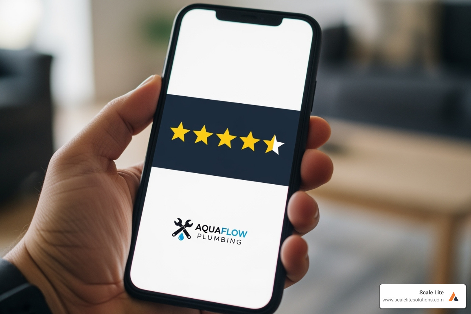 A 5-star review on a phone screen with a plumbing company logo - plumbing company local seo