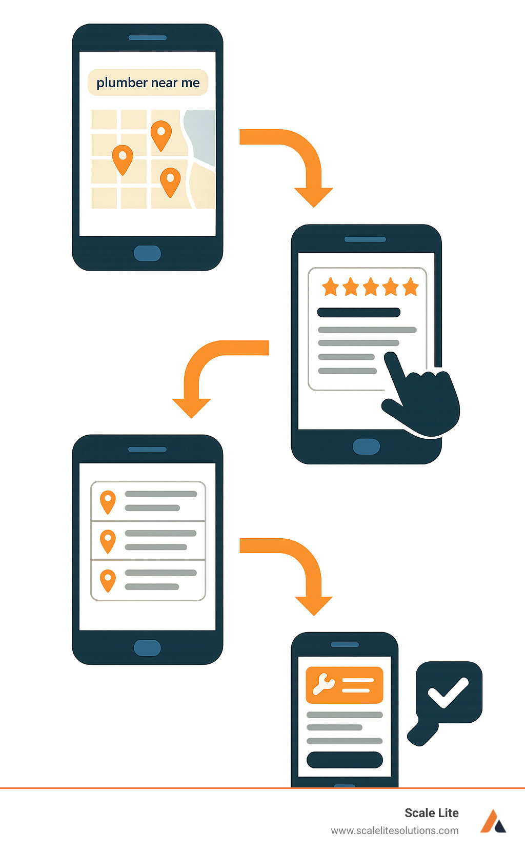 Infographic showing the customer journey from local search to booked job, featuring a smartphone with "plumber near me" search, Google Maps results with 3 local businesses, customer clicking on a 5-star rated plumber, viewing their website on mobile, and ending with a phone call or form submission leading to a scheduled appointment - plumbing company local seo infographic 