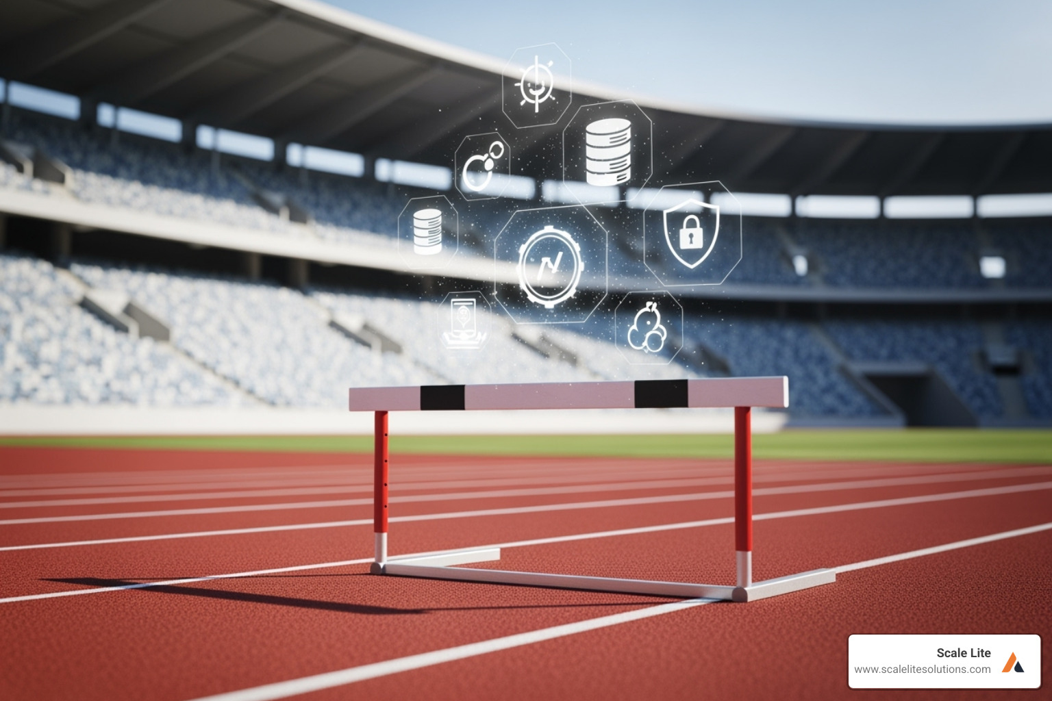 Image of a hurdle on a track with icons representing challenges like data quality and security - Data gathering techniques