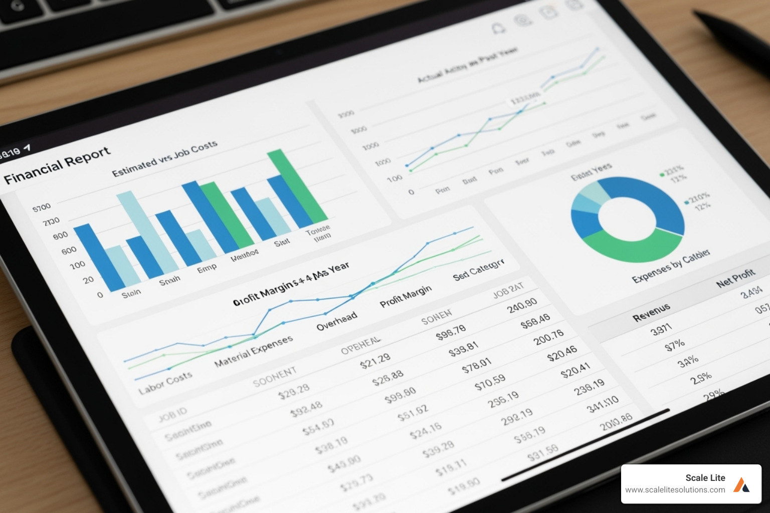 a financial report on a tablet, showing job costing and profit margins - digital solutions for contractors