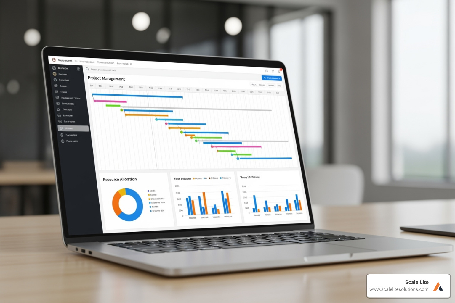 a project management dashboard on a laptop screen showing Gantt charts and resource allocation - digital solutions for contractors
