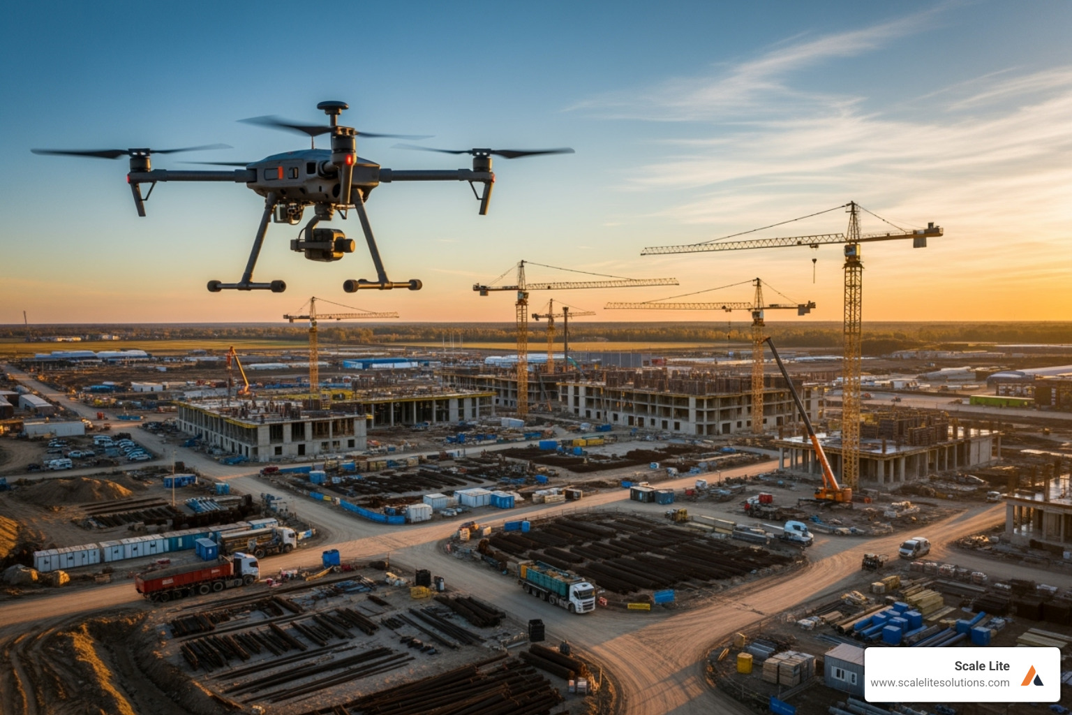 a drone flying over a construction site - digital solutions for contractors