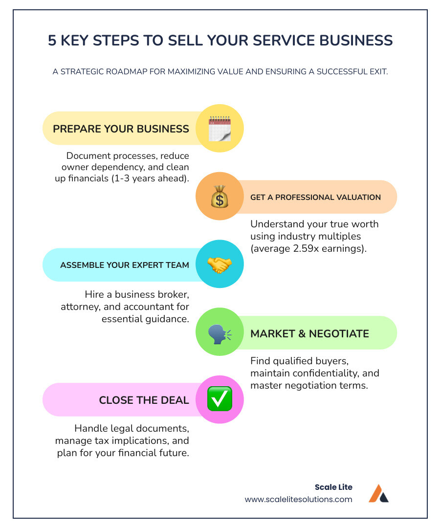 Infographic showing the 5 phases of selling a service business: Phase 1 - Business Preparation (1-3 years), Phase 2 - Valuation and Pricing (2-6 months), Phase 3 - Marketing and Negotiation (3-9 months), Phase 4 - Due Diligence (2-4 months), Phase 5 - Closing and Transition (1-3 months). Each phase shows key activities and average timeframes. - How to sell service business infographic infographic-line-5-steps-colors