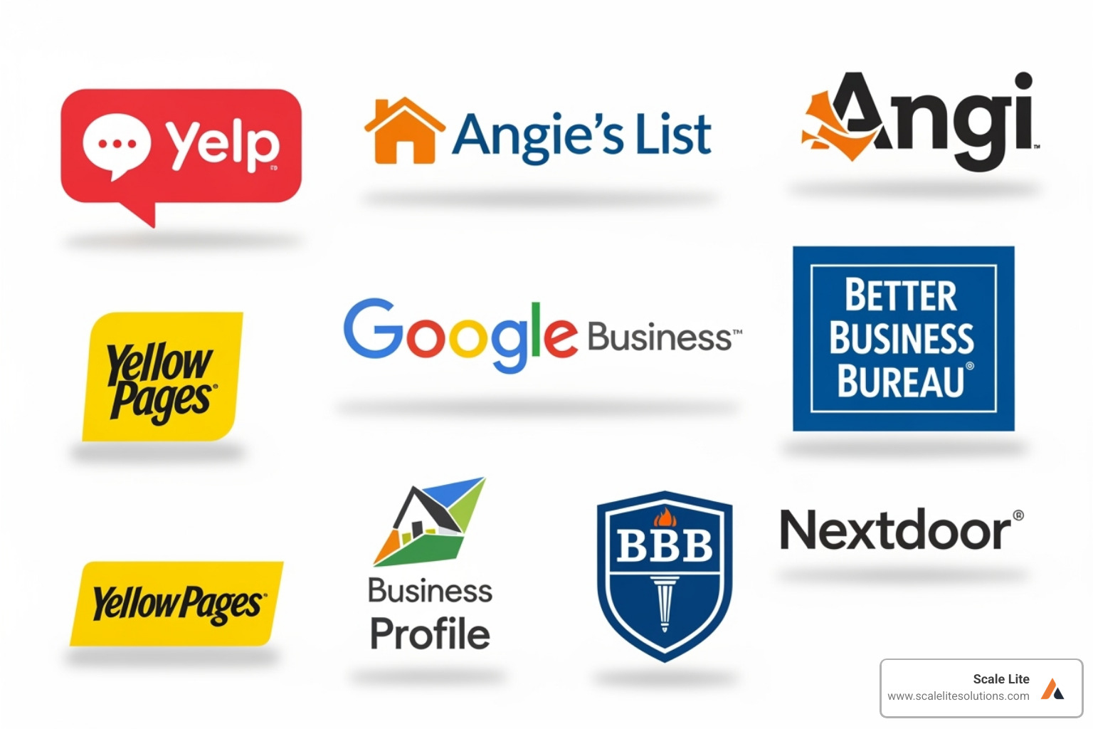 logos of local directories like Yelp, Angi, and the BBB - roofing local seo company