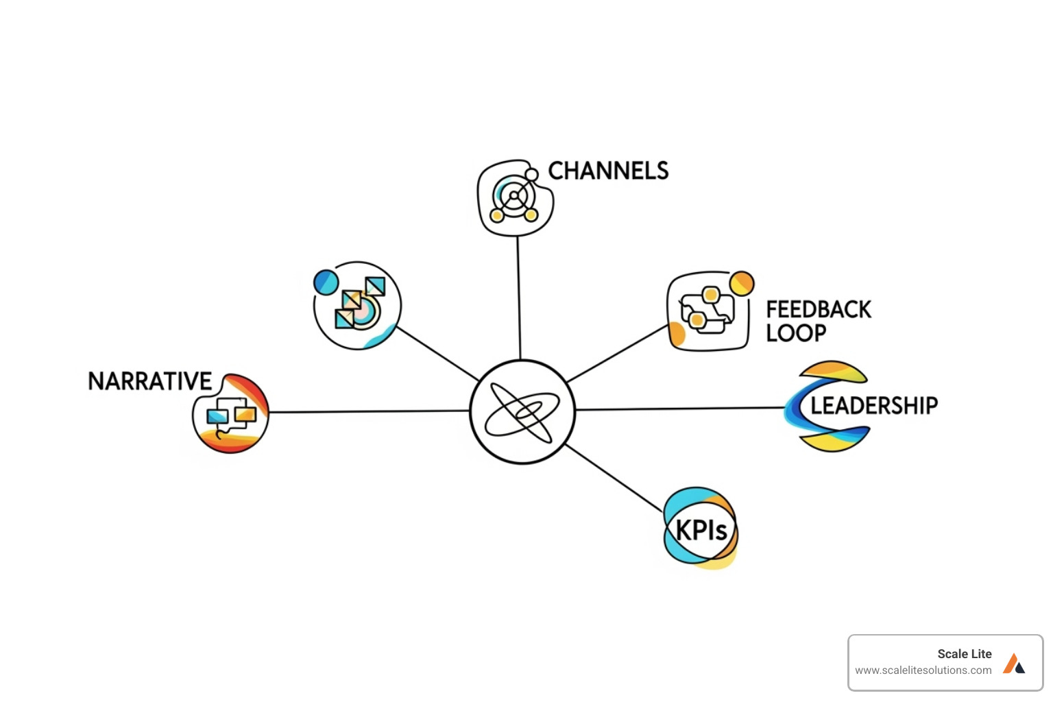 whiteboard with a mind map showing the core components: Narrative, Channels, Feedback Loop, KPIs, and Leadership - strategic investor engagement