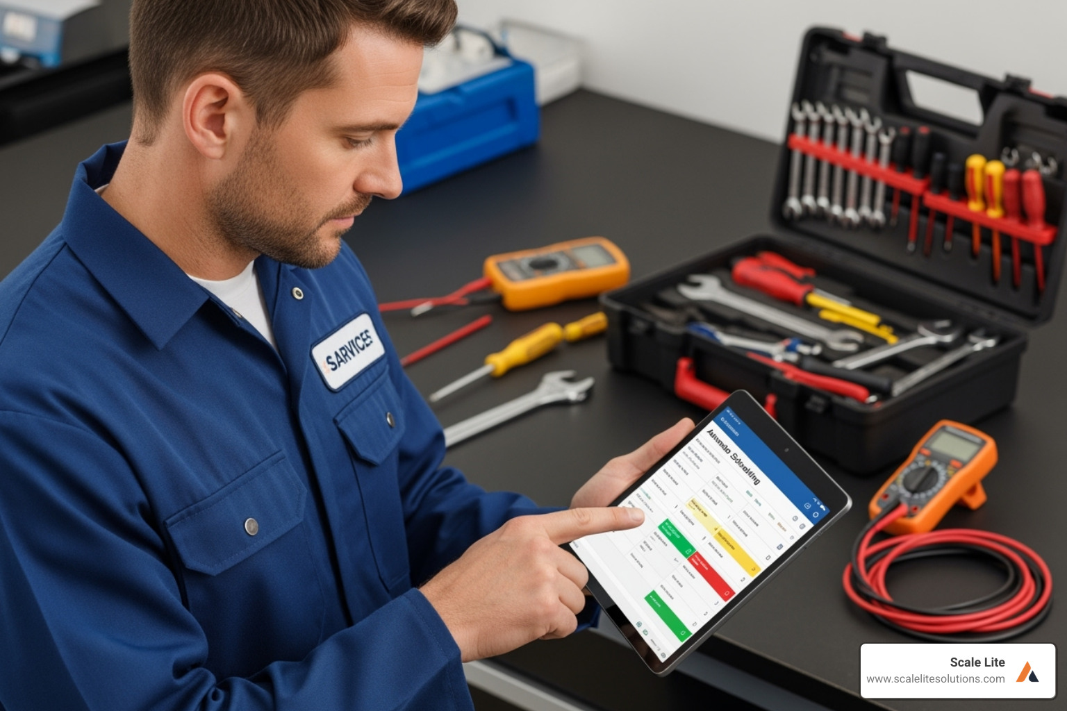 Image of a service technician using a tablet with an automated scheduling app - How to improve employee productivity?