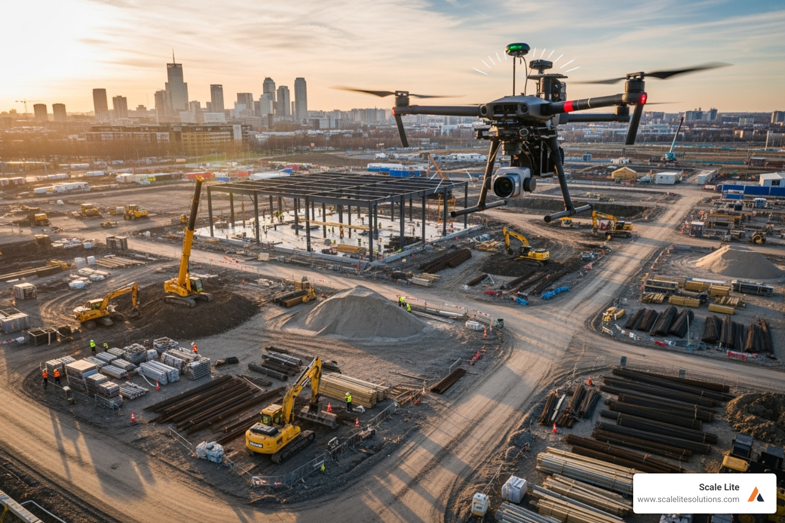 A drone flying over a construction project for surveying purposes - Tech upgrades for contractors