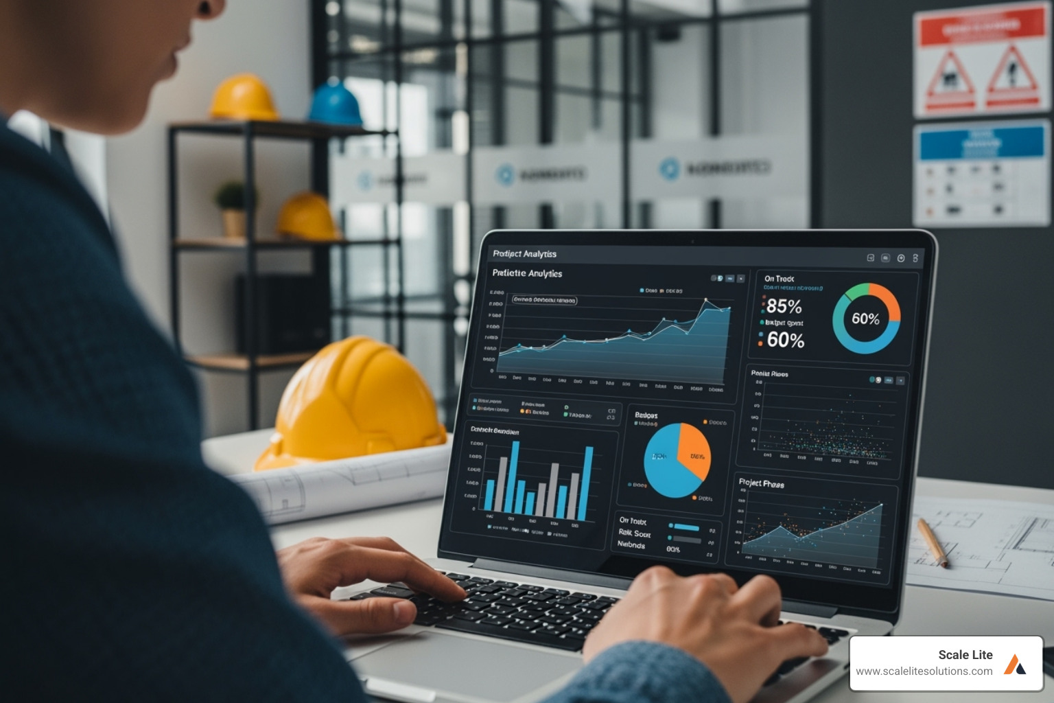 A project manager reviewing a predictive analytics dashboard on a laptop - Tech upgrades for contractors