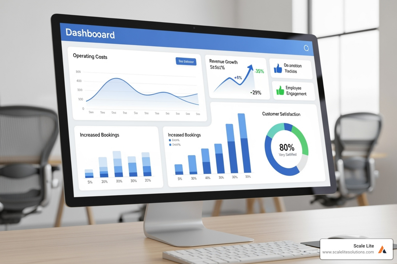 A business dashboard displaying positive KPIs like reduced costs, increased bookings, and higher customer satisfaction - Custom automation solutions