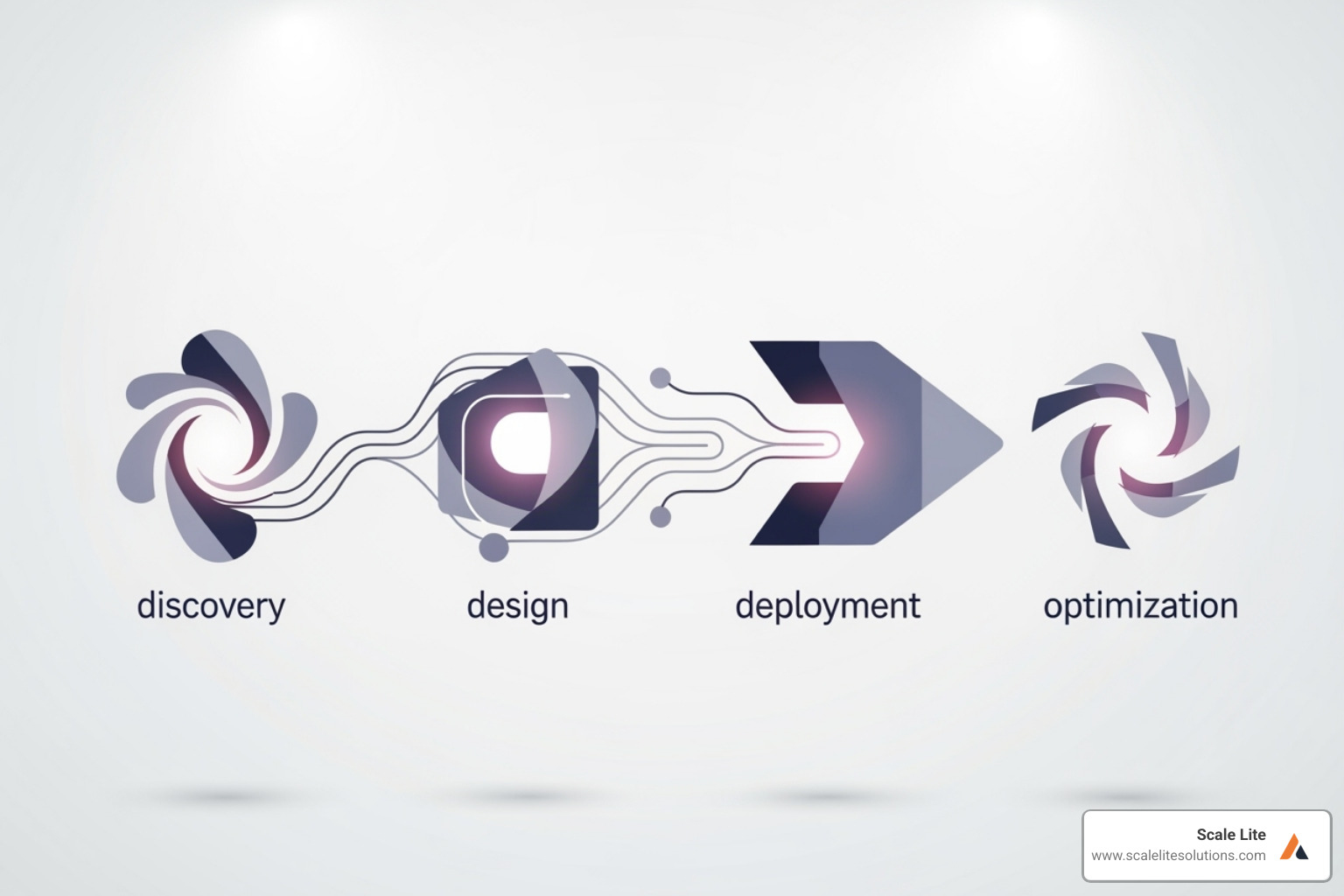 A flowchart illustrating the four key stages of implementing a custom automation solution: Findy, Design, Deployment, and Optimization - Custom automation solutions