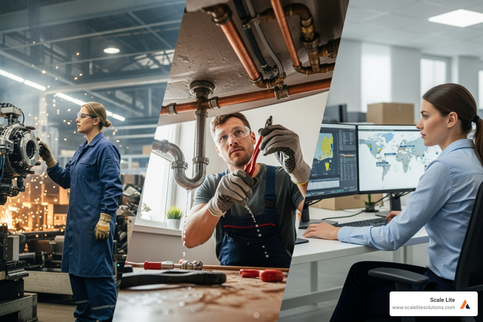 A collage of professionals in different industries benefiting from automation: a manufacturer, a plumber, and a logistics manager - Custom automation solutions