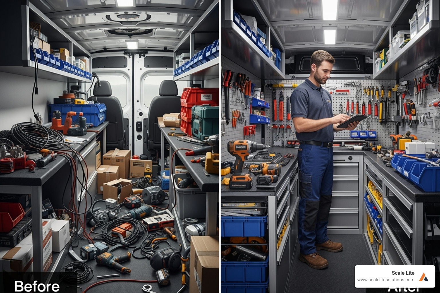 Before-and-after comparison for a service business, showing a cluttered van vs. an organized, digitally-equipped one - digital change services