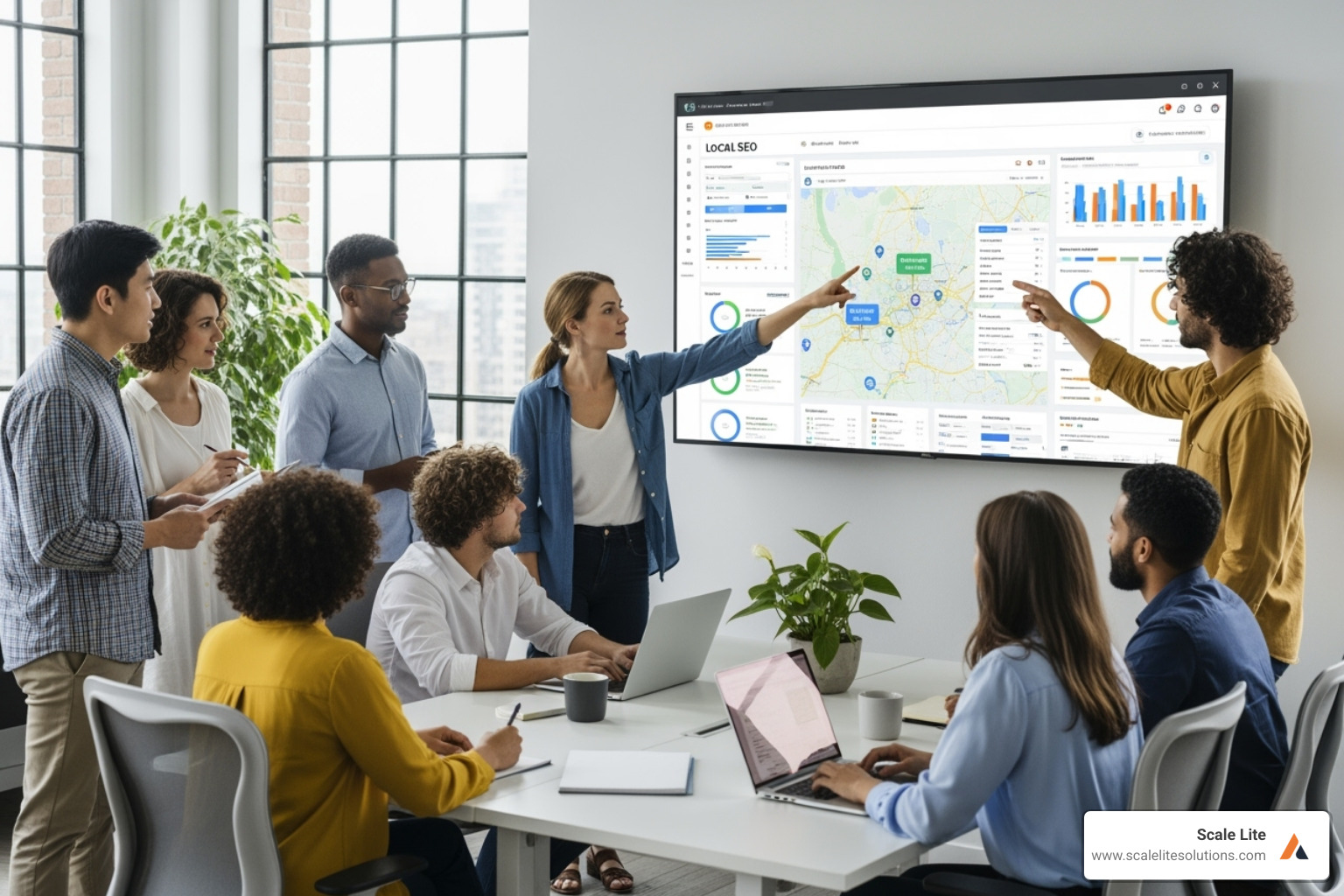 A digital marketing team collaborating around a screen showing a local SEO dashboard, illustrating strategic planning - local seo service company A digital marketing team collaborating around a screen showing a local SEO dashboard, illustrating strategic planning - local seo service company